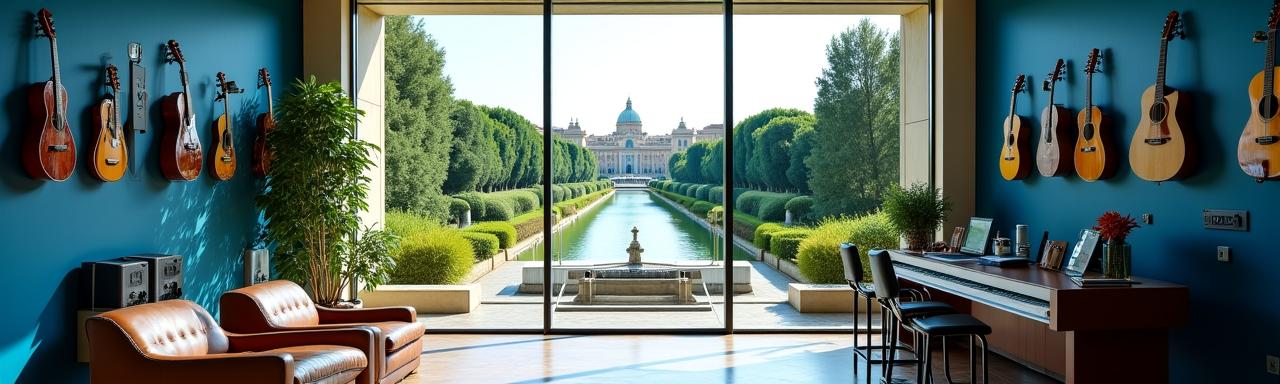 Ufficio moderno di Canto Nomade a Roma con tocchi artistici e strumenti musicali come decorazione