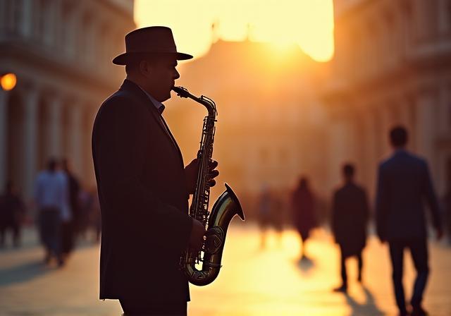 Un musicista che suona al tramonto in una piazza storica
